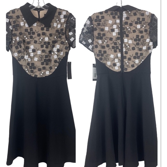 NEW SHANI FIT AND FLARE COLLARED FLORAL APPLIQUE NUDE & BLACK DRESS Size 2 - Picture 1 of 14